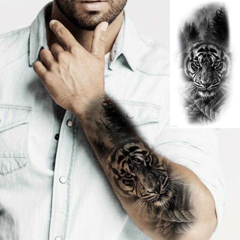 Rechal 8 Sheets Realistic Tribal Large Tiger Temporary Tattoo Stickers For Women Adults, Half Arm Sleeve Tattoos For Men, 3D Black Tiger Compass Flower Tattoos Decals