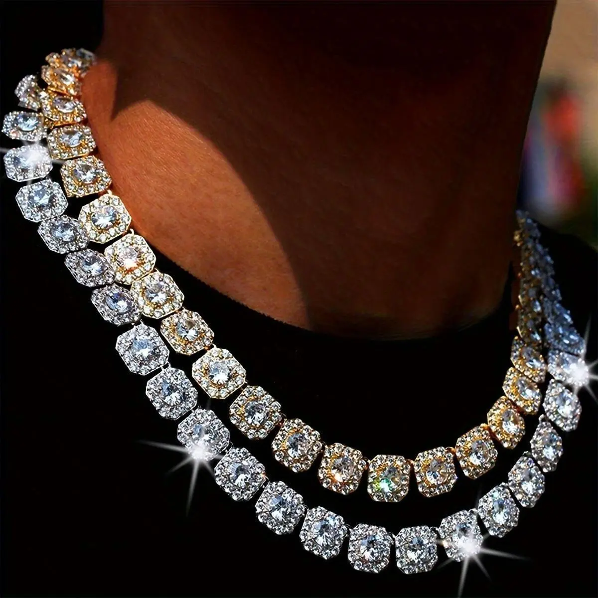 Iced Out Cuban Chain Necklace Square Rhinestone Hip Hop Choker for Men Zinc Alloy Fashion Jewelry Bling Accessory Party Gift