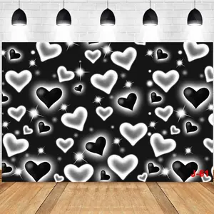 Photography Background Valentine's Day Black White Heart Patterns Star Embellishments Birthday Party Photo Studio Backdrop