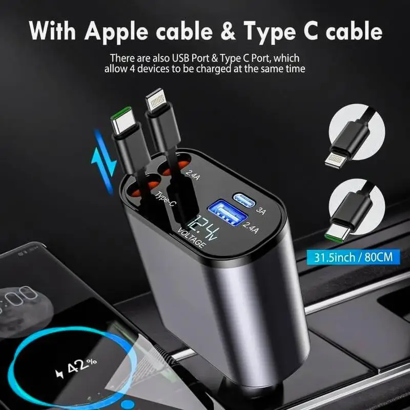 4 in 1 Retractable Car Charger, USB C Fast Charging Adapter[Max100W] with Lightning Cable&Dual Charge Port Compatible with iPhone/iPad/AirPods，Samsung