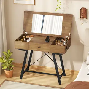 COSTWAY - Vanity Desk with Flip Top Mirror Makeup Dressing Table-Rustic Brown