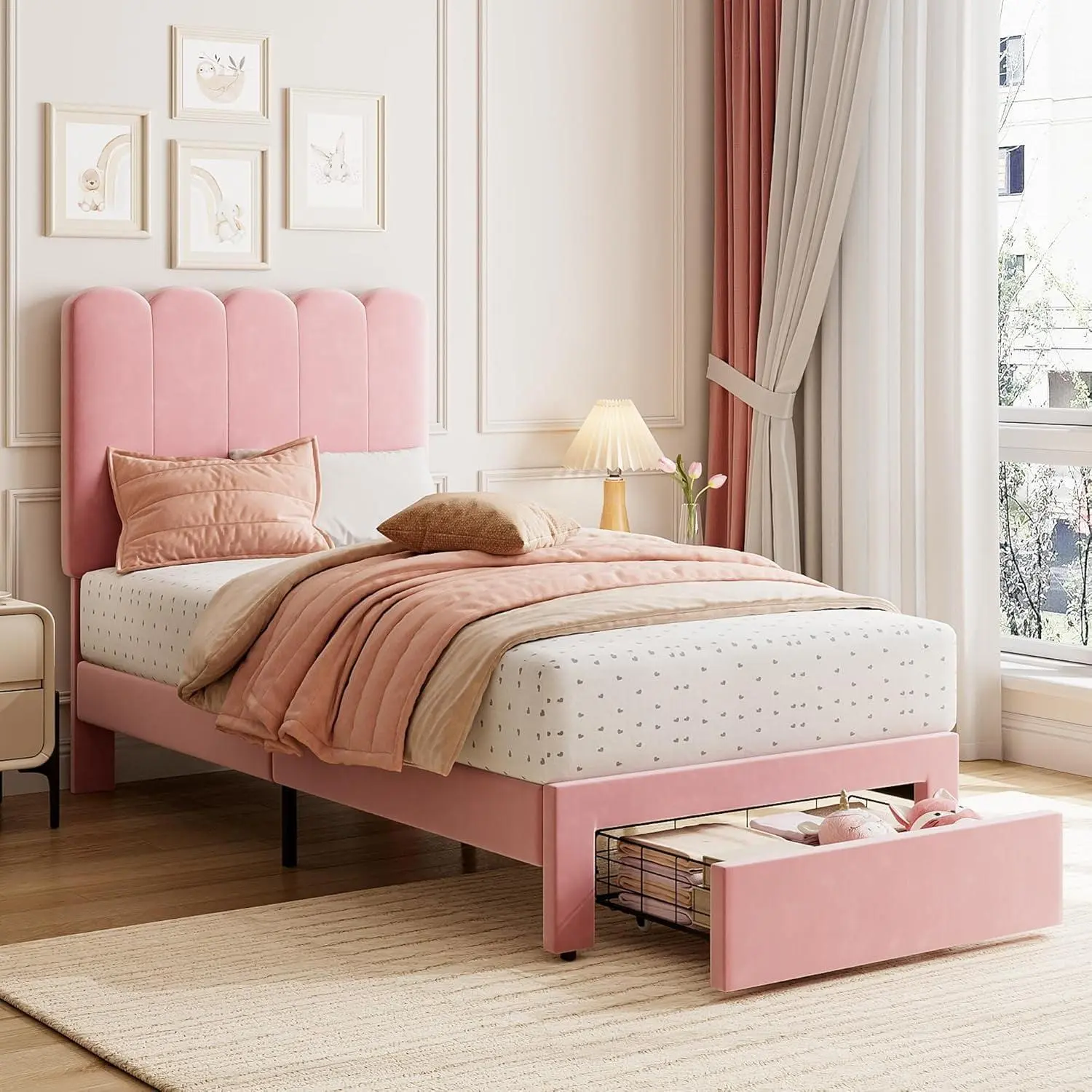 Gaomon Blush Pink Twin Size Velvet Upholstered Platform Bed Frame with Storage Headboard & Drawer, Modern Low-Profile Metal-Wooden Slat Support, Silent, Easy Assembly, 26.4 x 16.9 x 4.9 inches, Space-Saving, Secure Sleeping Environment for Girls