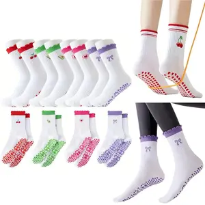 Lpxpass Women's Non-Slip Grip Workout Socks 3/4 Pairs Mid-Calf Yoga Pilates Ballet Socks with Ruffle Cuff & Embroidery Pattern in Pink Red Colors for Exercise Dance Training, Female, All Seasons
