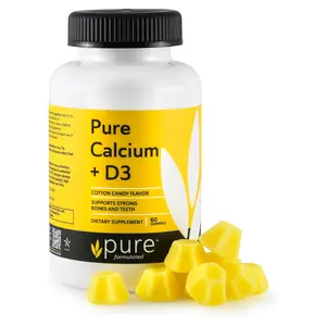 Pure formulated Chewable Calcium + Vitamin D3 Cotton Gummies – Vegan, Gluten and Dairy Free - Kosher (60 Gummies) Supplement Dietary Edible Gummy Healthcare Fitness