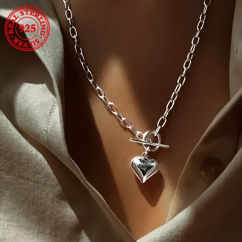Women's 925 Sterling Silver Classic Heart Pendant Chain Necklace, Retro Hip-Hop OT Buckle, Daily Wear Accessory, Ideal Christmas Gift