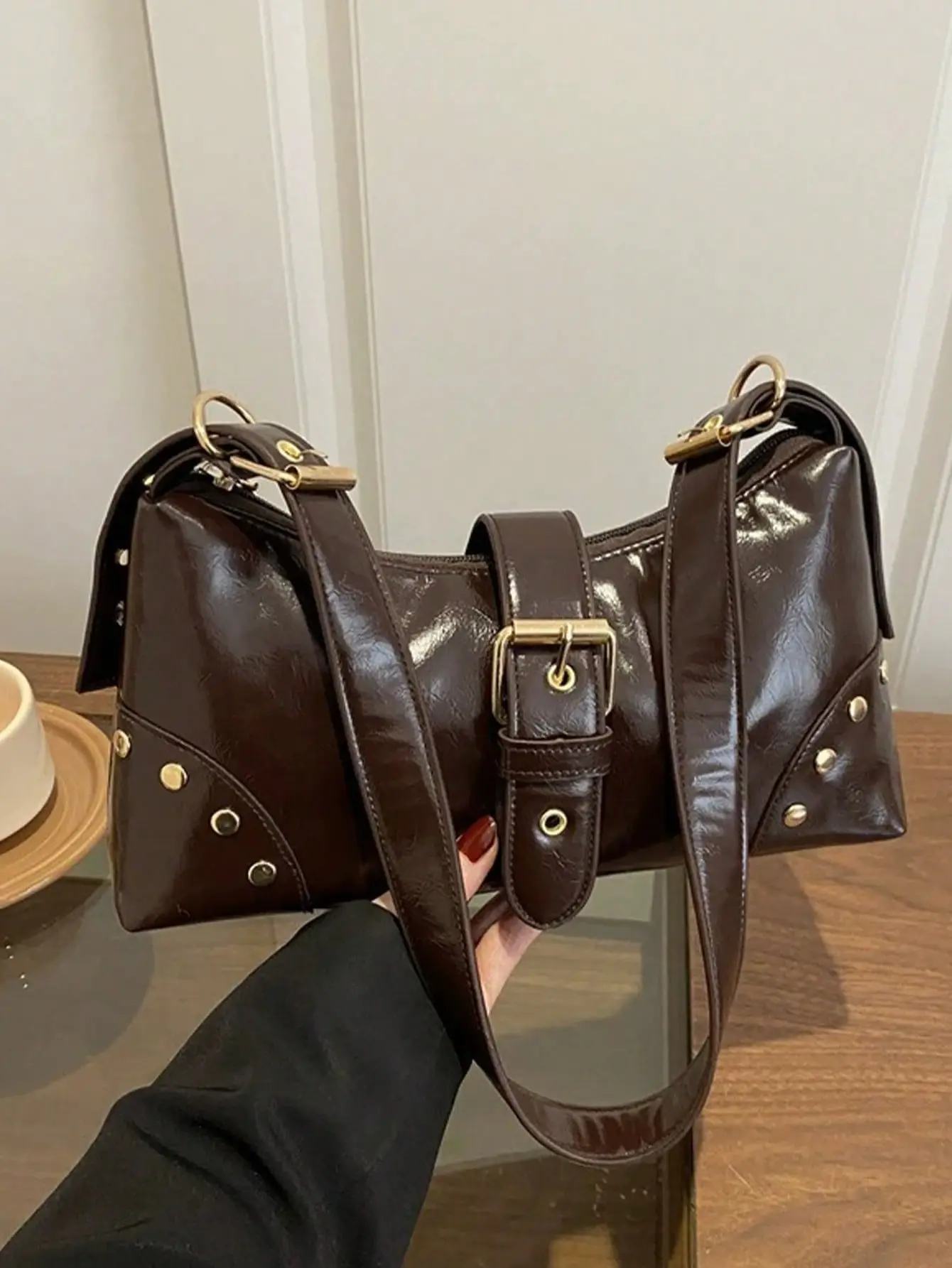 USAE Vintage Distressed Leather Leopard Print Motorcycle Bag Rivet Buckle Decor Shoulder Bag Women Fashion Y2K Mini Hobo Purse