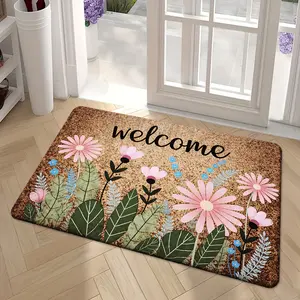 Soft Flannel Welcome Doormat with Pink Daisies Green Leaves Thick Cushion Cozy Indoor Machine Washable Non Slip Rug for Entryway Bedroom Kitchen Bathroom Hallway Home Decor Housewarming Gift