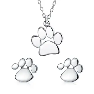 BFF Animal Lover Pet Dog Cat Paw Print Stud Earrings Pendant Set .925 Sterling Silver