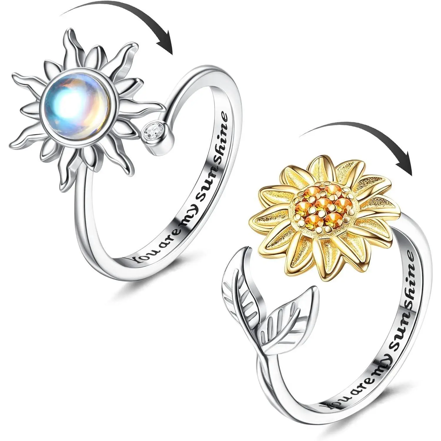 YADOCA 2Pcs Spinner Relief Sunflower Fidget Ring  You Are My Sunshine Moonstone Anti Stress Ring Adjustable Open for Anxiety Women Valentine's Day, Fidget Spinner Rings, Romantic Jewelry Gift
