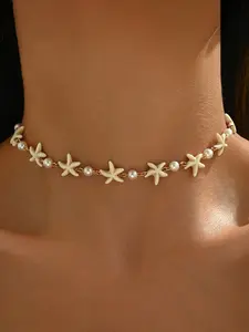 Boho Beach Series Starfish Faux Pearl Bendable Necklace for Women, Seaside Vacation Choker, Elegant Jewelry for Summer