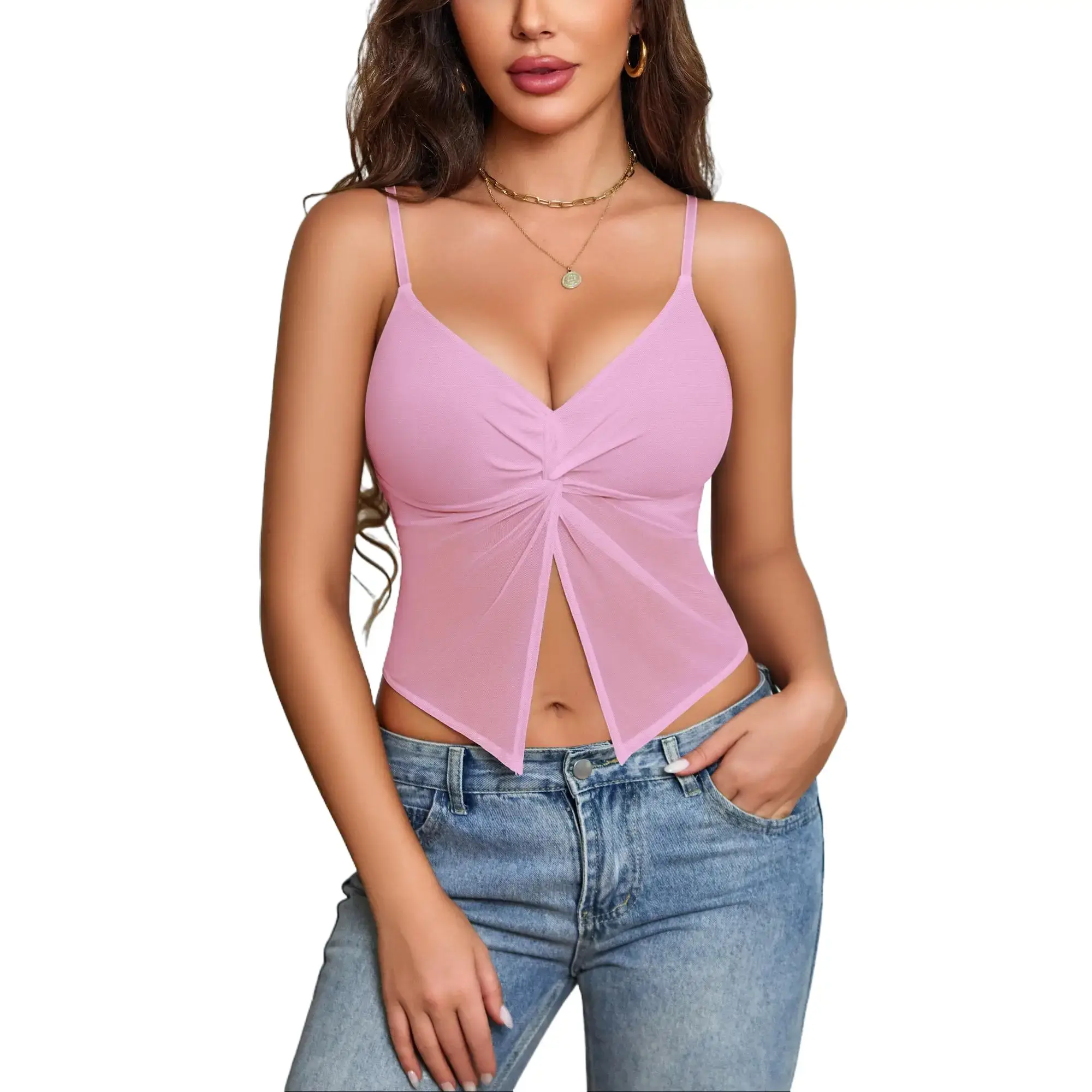 Avidlove Women Mesh V Neck Twist Cami Y2K Sexy Crop Tank Top Going Out Tops Sheer