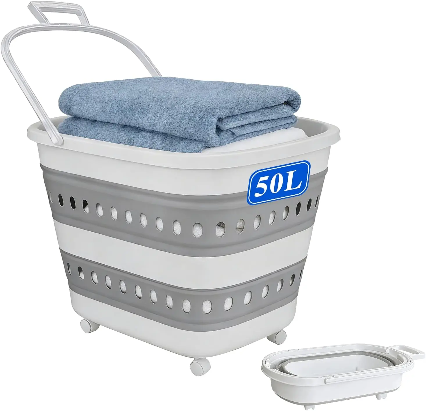 50L Collapsible Plastic Laundry Basket Hamper with Wheels, Foldable Laundry Basket with Handles, Pop Up Storage Container Organizer for Washing Storage