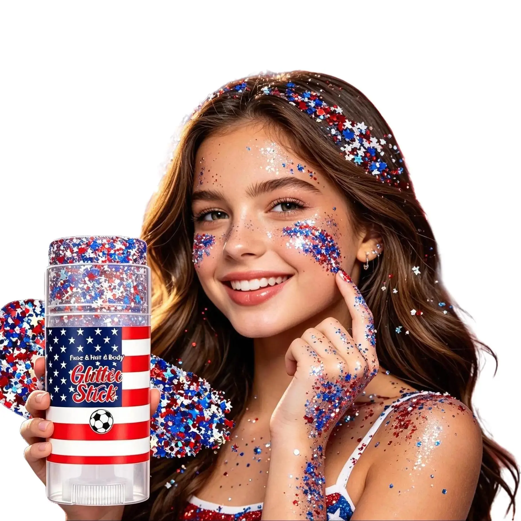 Chunky Shimmer Wand, Long-Lasting 4th of July Body Glitter Stick for Independence Day, Red, White & Blue Makeup for Patriotic Outfits, Sparkly Glitter, Shimmering Body Glitter