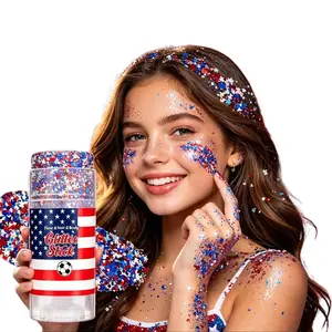 4th of July Glitter Stick, Red White Blue Chunky Shimmer Wand for Patriotic Cheering, Long-Lasting Face Body Hair Glitter for Independence Day Party Outfit Makeup