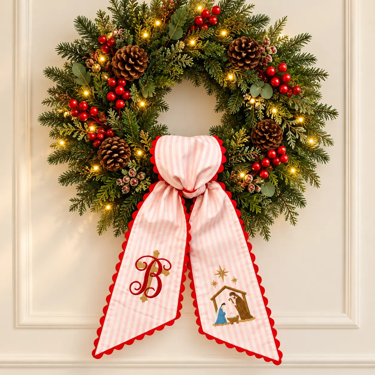 Personalized Christmas Wreath Sash with Soft Pink-and-White Striped Pattern, Red Scalloped Trim, Custom Monogram Embroidery, and Nativity Design