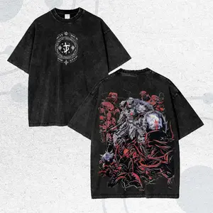 Doom Slayer Hell Knight Video Game T Shirt Retro Washed Black Cotton Inspired Print Short Sleeve Crewneck Casual Oversized Streetwear Top for Adults