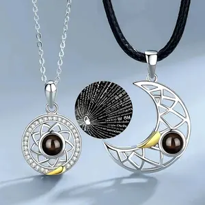 Sun and Moon Necklaces for Couples - I Love You in 100 Languages Projection Necklace Set - 2 pcs, 6 Ways to Wear, Perfect for Gifts & Daily Wear