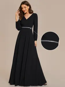 Ever-Pretty 2026 Spring Women's Pleated Chiffon Evening Dress with Double V-Neck and Long Sleeves - Formal Dress, fall wedding dress Womenswear 01981