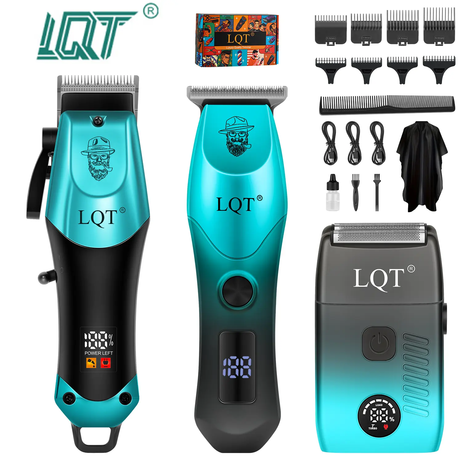 Complete 3-Piece Men Barber Kit LQT Cordless Hair Clipper Set, USB Rechargeable Hair Cutting Kit with T Outline Trimmer & Mini Foil Shaver, Low Noise LED Hair Trimming Tools, Top Fathers Day Birthday Gift for Dad Husband Boyfriend Barbers