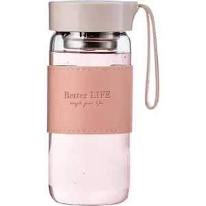 Glass Tea Bottle 16 oz Drinking Bottle with Non-Slip Holster, and Stainless Tea Infuser,Leak Proof Lid,Portable Glass Water Bottle for School, Office, Car & Home,as a gift, etc (Pink)