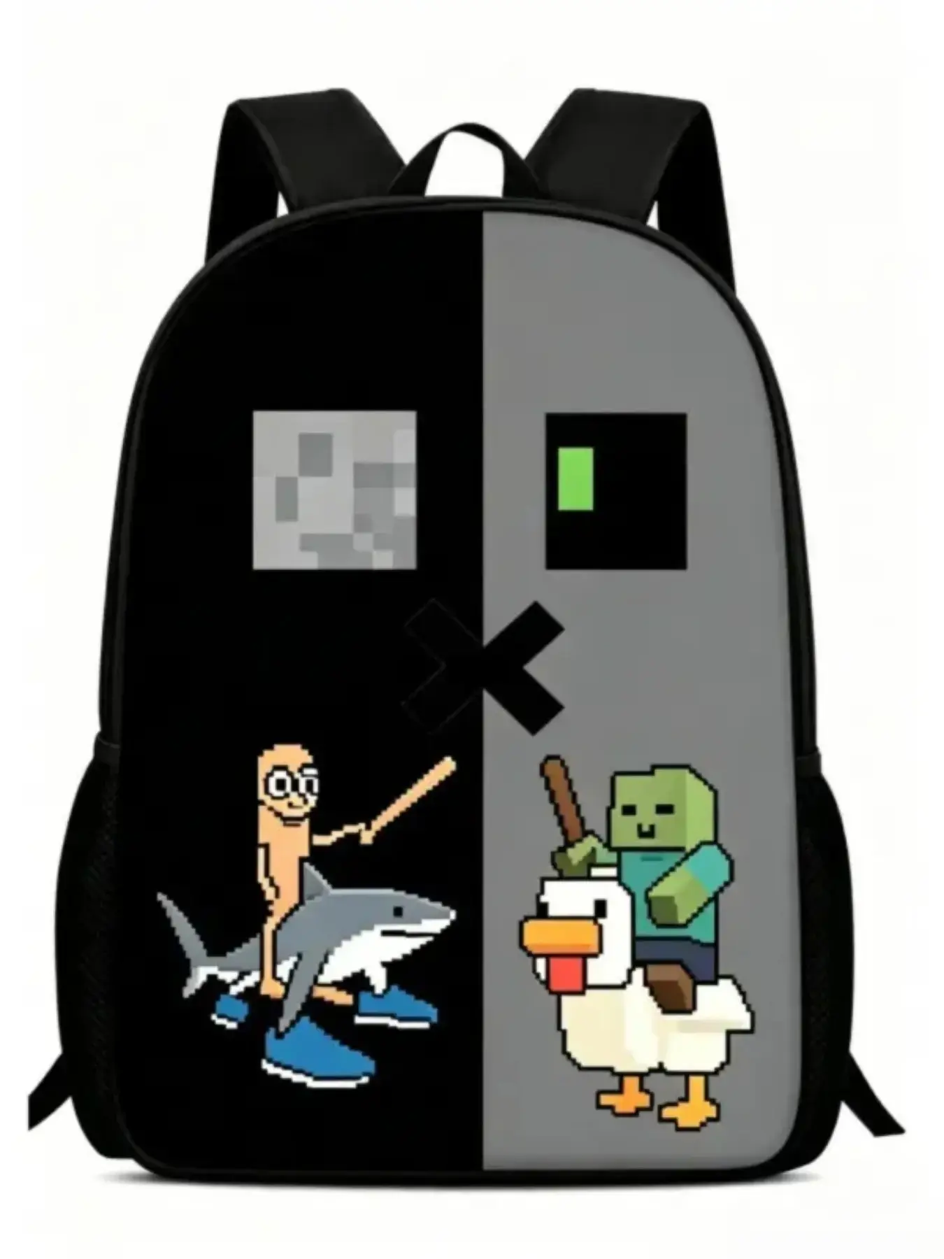 Pixel Art Game Backpack, My World Zombie Duck & Shark Design, Unisex Large Capacity Casual Daily Use Bag, Perfect for Gaming Fans