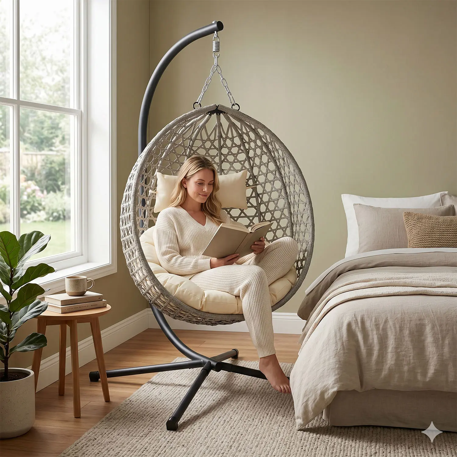 Gray Folding PE Rattan Hanging Egg Chair with Aluminum-Steel Frame & Stand, Indoor-Outdoor Hammock Swing Basket Chair for Patio, Balcony