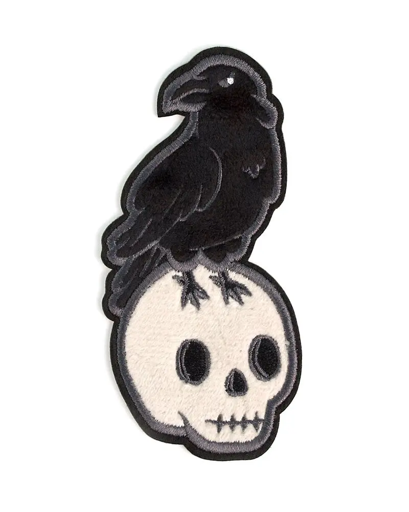 Edgar Allan Poe Themed Raven Fuzzy Embroidered Sticker Patch - 4"x2" Heat-Cut, Raven Skull Design, Spooky Vibe, Adhesive Back Peel 'n Stick, Dark Lore Fans Sewing Supply, Edgar Allen Poe