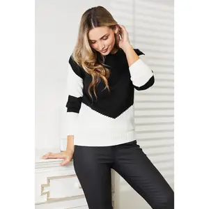 Woven Right Two-Tone Openwork Rib-Knit Sweater