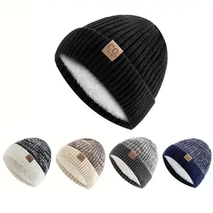 CO UZZL Men's Sporty Knit Beanie Winter Hat Fleece-Lined Thick Warm Ear Protection Soft Fluffy Inner Lining Hand Washable Cold Weather Cap Navy White Striped COUZZL 1987 Patch