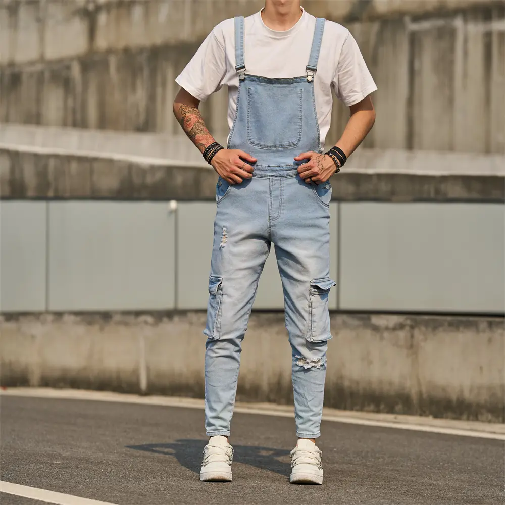 Streetwear Men Ripped Slim Jeans Trousers Distressed Solid Bib Overalls Jumpsuits Jeans Stylish Male Strap Jeans Denim Pants Deals For You Days