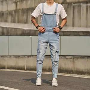 Streetwear Men Ripped Slim Jeans Trousers Distressed Solid Bib Overalls Jumpsuits Jeans Stylish Male Strap Jeans Denim Pants