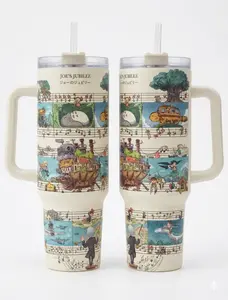 Vintage Anime 40oz Tumbler With Handle, Studio Ghibli Joe’s Jubilee Design Travel Mug, Fantasy Anime Aesthetic Drinkware, Gift for Ghibli Fans