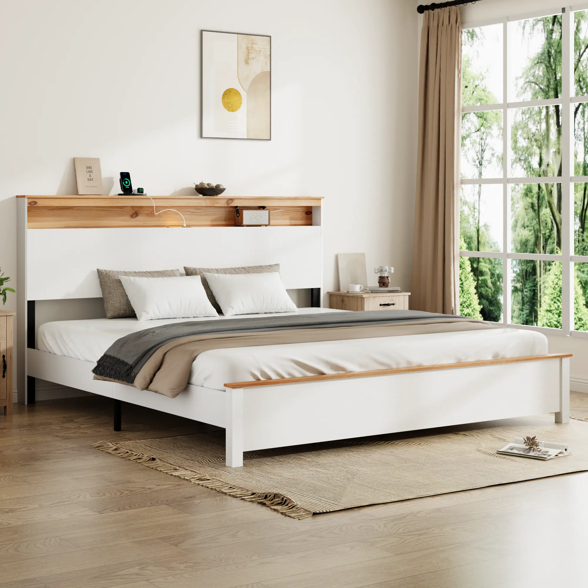 Classic Full-Size Rustic Farmhouse All-Wood Single Loft Storage Bed Frame - Pine Wood Bedroom Furniture with USB Charging Port, LED Light, 6.5in Storage Compartments, Easy Assembly (86"x77"x44.09in, 96.58lbs)
