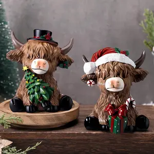 New Creative Home Desktop Resin Christmas Highland Cow Statue Ornament, Home Decor Ornaments, Holiday Decoration, Festive Figurine, Unique Gift Idea