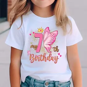 Girls 7th Birthday Short Sleeve T-Shirt with Crown and Butterfly Pattern, Crew Neck Casual Summer Top Kids Clothes