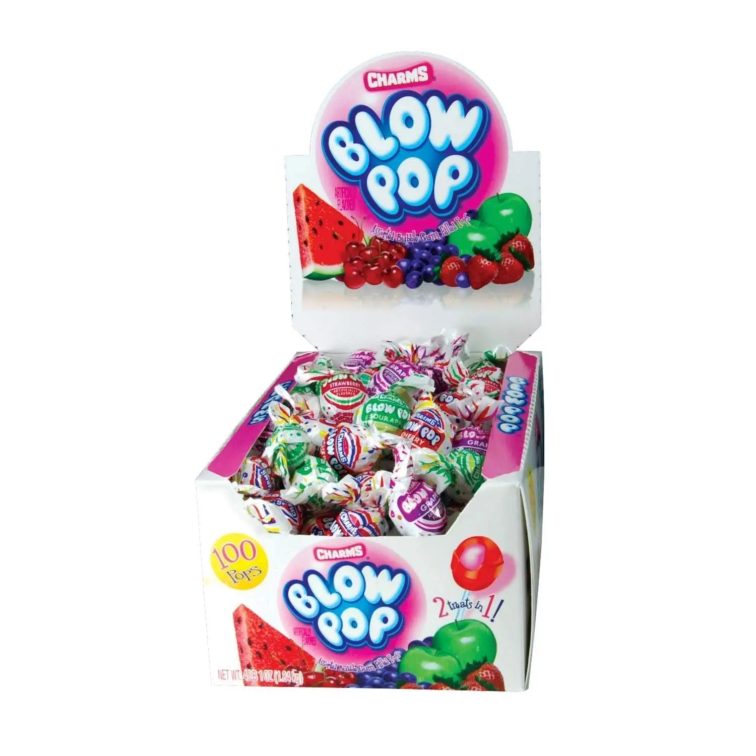 Charms Blow Pops Assorted 100 ct. - Sweet and Hard Lollipop Candy with Chewy Bubblegum Center with Mixed Fruits Flavor - 100 Count Box Snack Bonbon