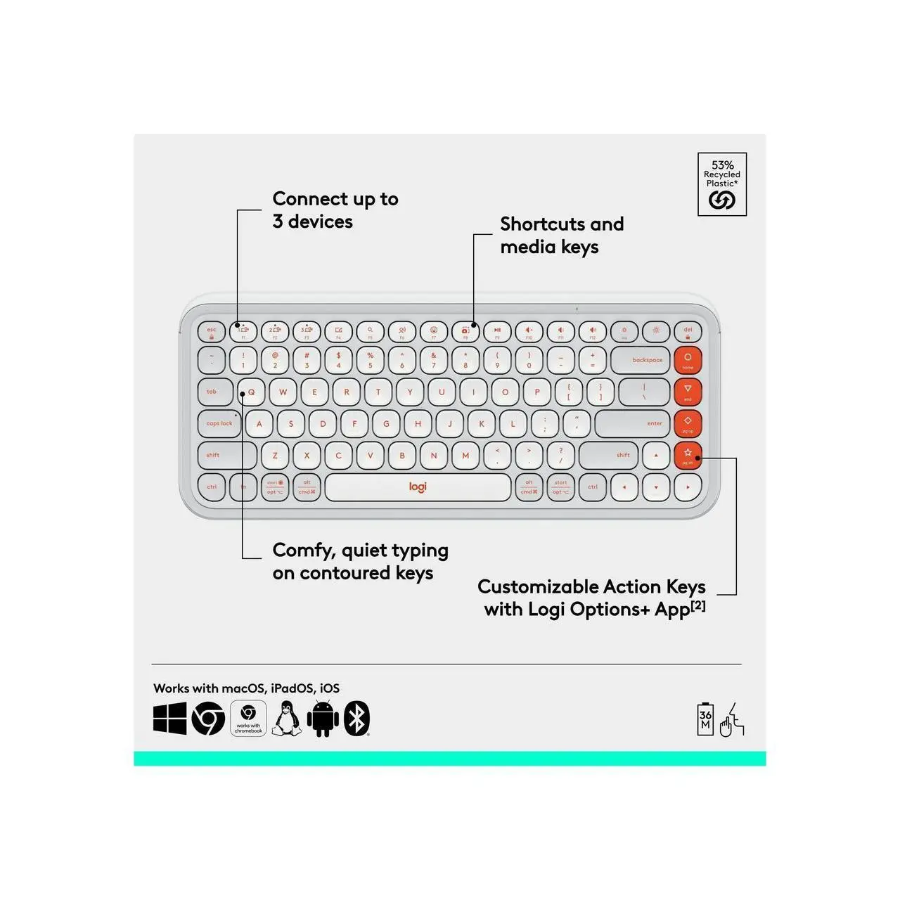 Logitech Logitech POP ICON KEYS Wireless Bluetooth Keyboard Keyboard -  Easy-Switch Between up to 3 Devices (Off-white & Orange)   920-012935