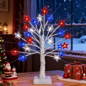 2-foot July 4th Patriotic Decorative Tree Lights with Timer 24 Red White and Blue LED Star-Shaped Lights USB Battery-Powered Independence Day Light-Up Artificial Tree Christmas Family Table Party Decor
