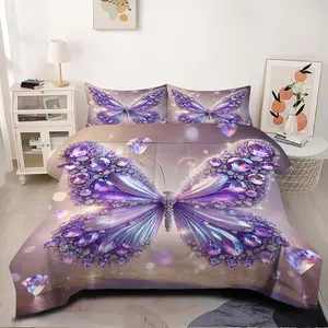2/3Pcs Set of Purple Diamond Butterfly Pattern Comforter Set, Dreamy and Luxurious Themed Bedding Set, Soft, Breathable Quilted Texture Quilt, Inspiring Artistic Aesthetics and Romantic Imagination, Including 1 or 2 Pillowcases (Excluding Pillow Core).