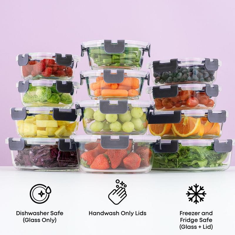 JoyJolt JoyFul 24pc (12 Airtight, Freezer Safe Food Storage Containers and 12 Lids), Pantry Kitchen Storage Containers, Glass Meal Prep Container for Lunch, Glass Storage Containers with Lids