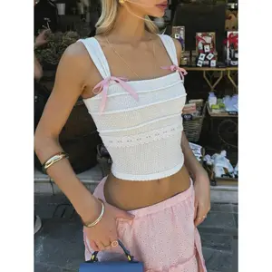 baby dool tops White peplum tops Decorative Bow Knitted Suspender Vest, Casual Sleeveless Square Neck Short Vest, Summer Sweet Girl Casual Top.