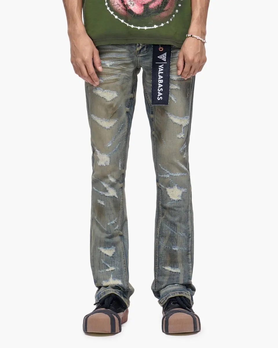 Men's Stacked Streetwear Denim Jeans, Vintage Washed with a Relaxed Drape Fit for a Modern Silhouette, Menswear, Pants, Casual Wear, Pocket, Denim Fabric, Washed Look, Cold Wash