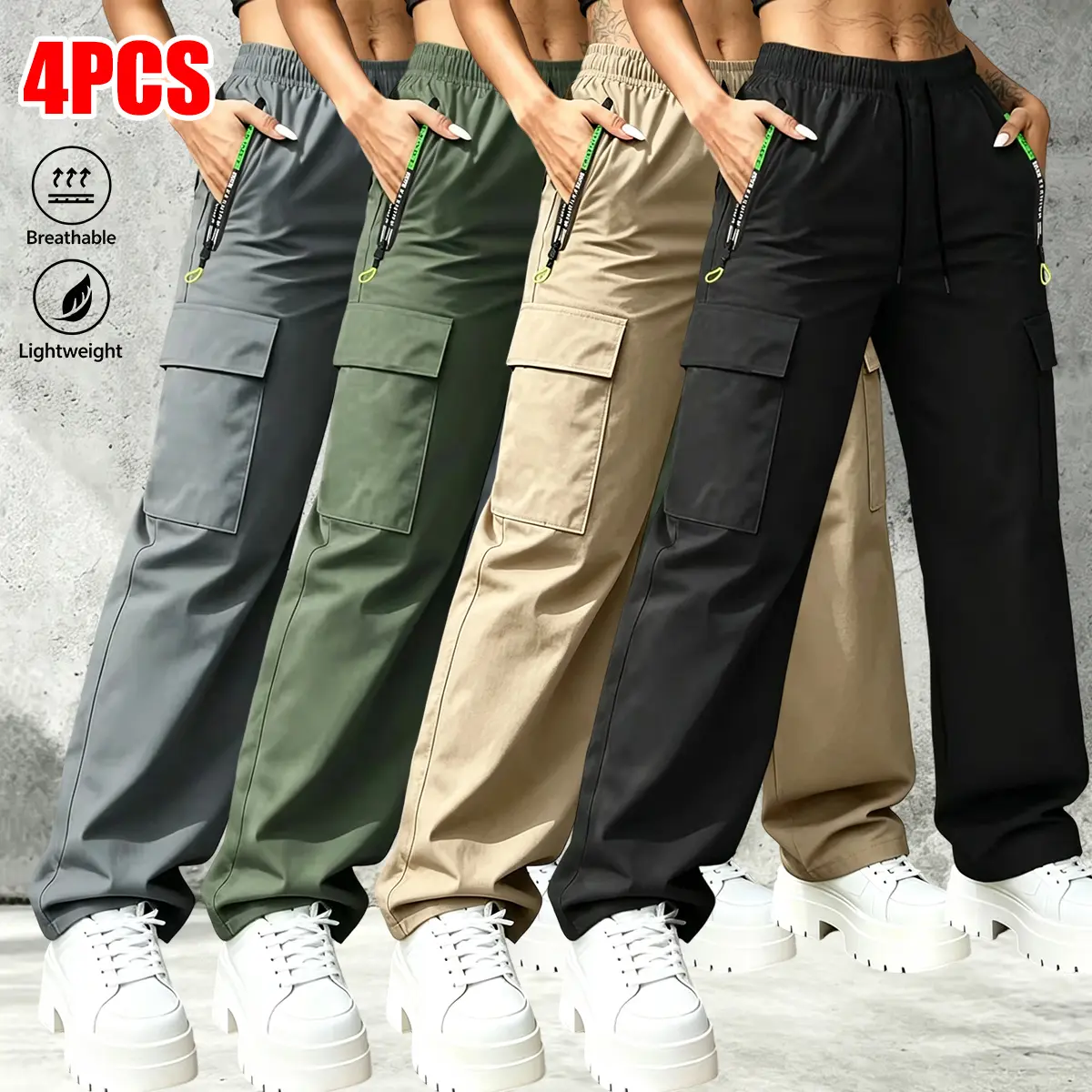 Women's Cargo Pants 4-Pack - Mid-Waist Loose Fit Quick-Dry Stretch All-Seasons Hiking Bottoms with Zip Pockets