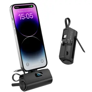 5000mAh mini portable mobile phone power bank - comes with a stand and cable, USB C cable input/output, built-in LED digital display screen, small and thin, suitable for carrying around, compatible with iPhone, Galaxy and other electronic products