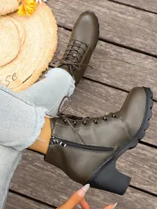 Women's Fashion Side Zip Boots, Chunky Heel High Heels, Pointed Toe Ankle Strap Booties, PU Leather Classic Style All Seasons Shoes, Pointed Toes Boots