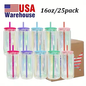 25-Pack/ Wholesale 16oz Color Electroplating Glass Cans with PP Lids & Straws - UV DTF Sublimation-Ready Customizable Soda Glasses, Insulation Glass Cans, Ideal for Beverages and Festive Gifts