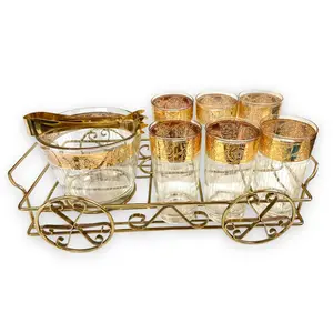 Morphew Abode 1960S 22K Gold Detailed Glassware Set In Whimsical Caddy With Ice Bucket & Tongs