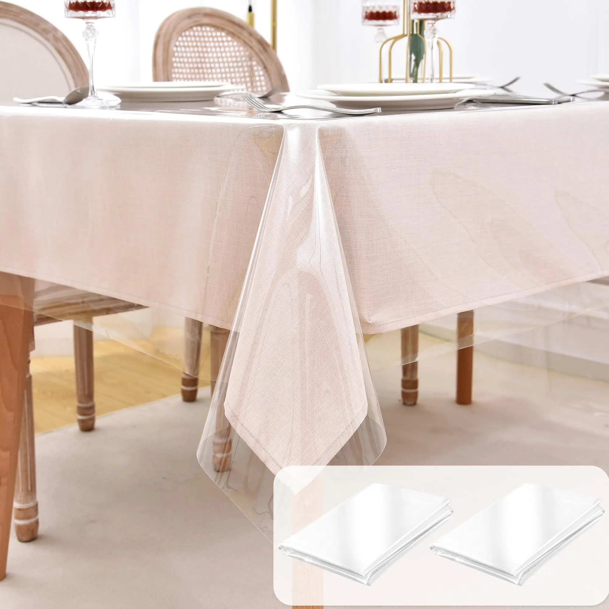 2 Pack Plastic Table Cloth 60x84 Inch-100% Waterproof Clear Cover Protector  Pvc Sheet Oil Spill Proof Wipeable Disposable For Picnic Dining Parties Outdoor & Indoor Uses