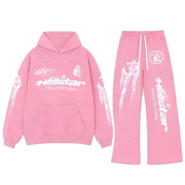 Hellstar Pink Flame Star 2 Piece Hoodie and Sweatpants Set | Oversized Y2K Graphic Tracksuit | Unisex Pink Streetwear Sweatsuit