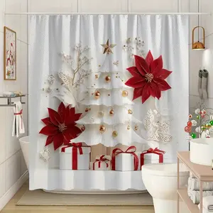 Luxurious golden Christmas tree and red floral design, perfect for bathroom decoration, partitions, enhancing the space, waterproof, wear-resistant, easy to clean, machine washable, comes with shower curtain hooks, Shower Curtain Set
